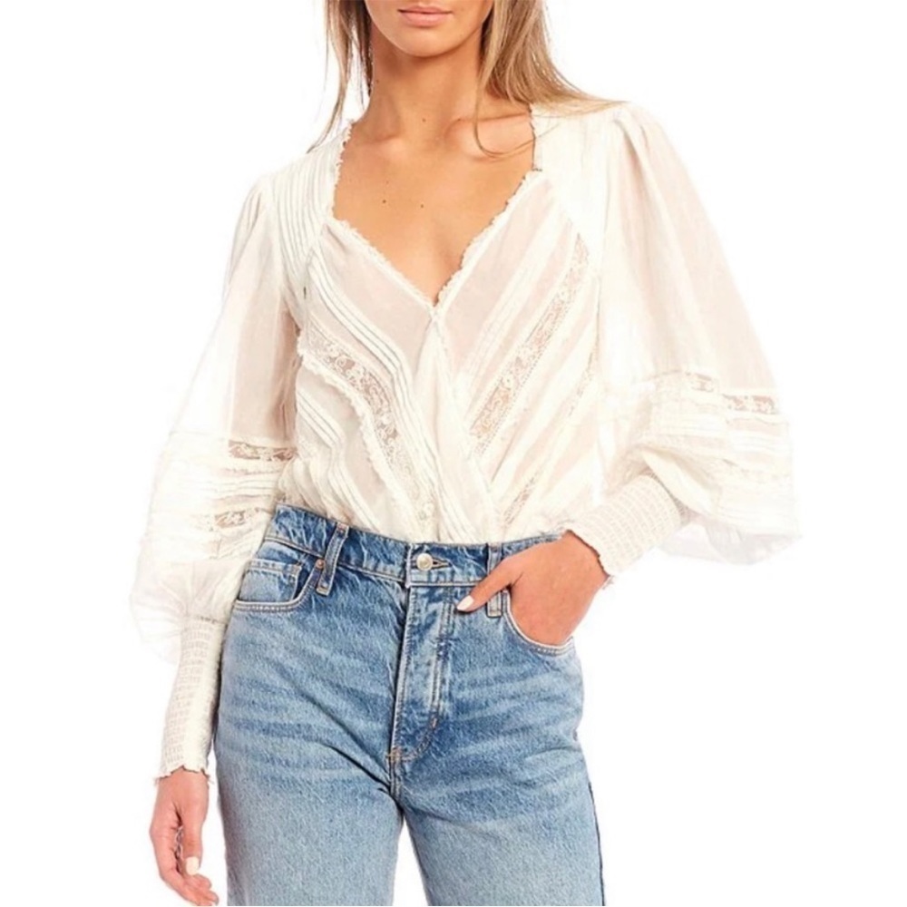Free People Intimately Eloise Bodysuit Puff Sleeve Lace & Pleated Details New